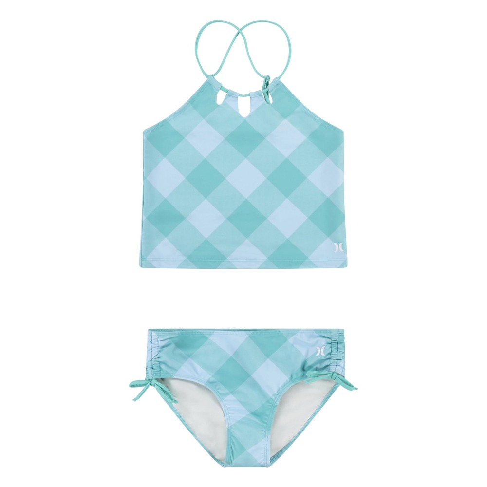 NWT Hurley Girls Tankini 2 Piece Swimsuit Teal Gingham Check High Neck Size 10